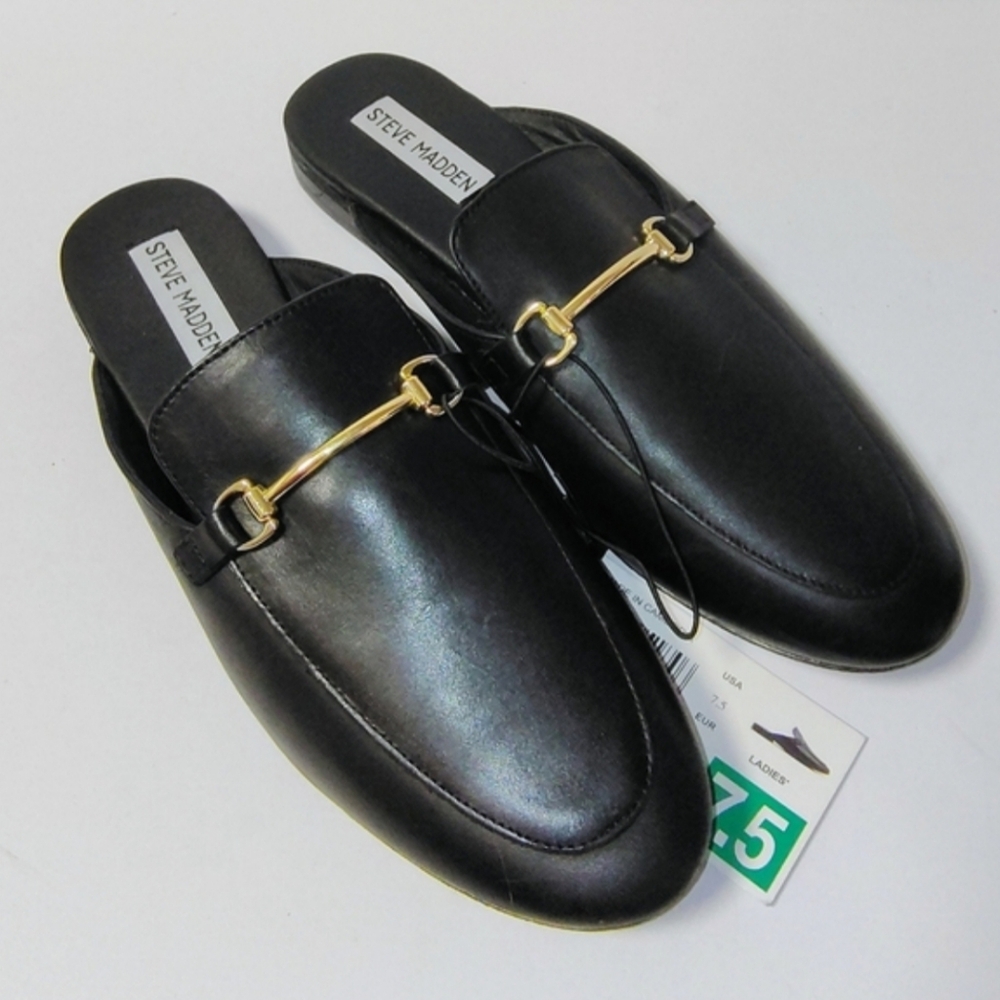 Steve Madden Women's Galilea Black Leather Mules Slip-On Flat Casual Shoes 7.5